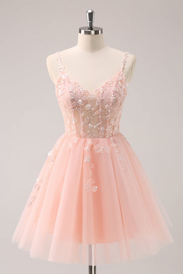 A Line Blush Spaghetti Straps Tulle Corset Sequins Homecoming Dress with Appliques